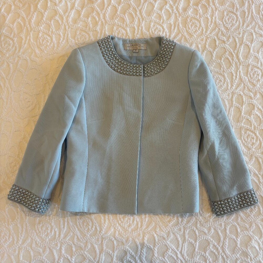 Light Blue Tahari ASL Beaded Pearl Blazer Suit Jacket 2P